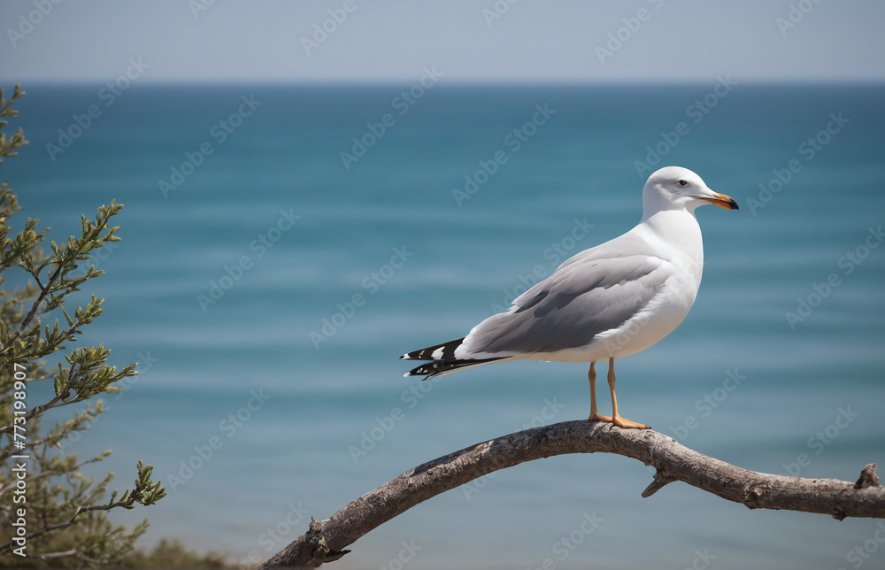 A seagull perching on a branch, looking at the tranquil sea A seagull perching on a branch, looking at the tranquil sea