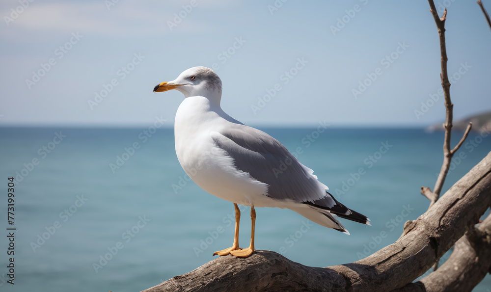 Fototapeta premium A seagull perching on a branch, looking at the tranquil sea