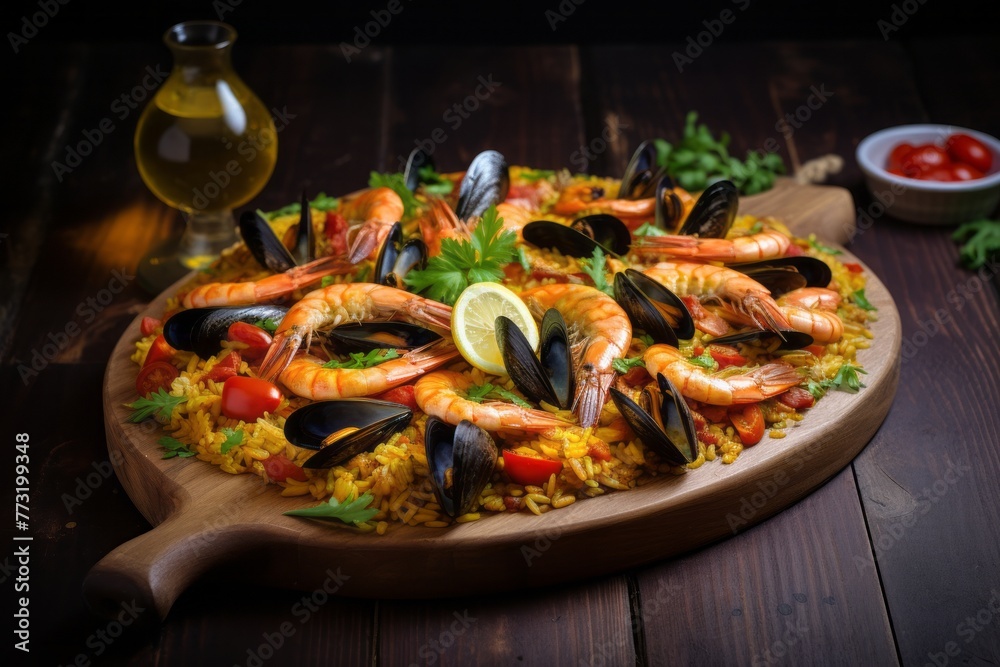 Refined paella on a wooden board against a granite background