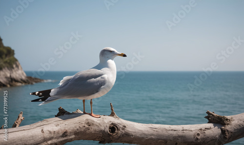 A seagull perching on a branch  looking at the tranquil sea