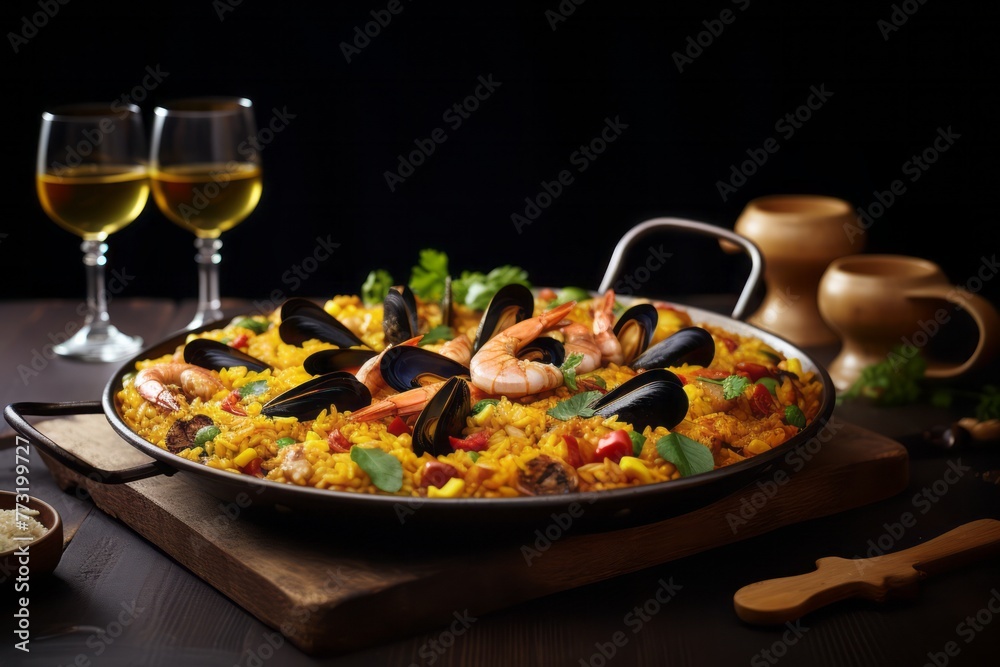 Refined paella on a wooden board against a granite background Refined paella on a wooden board against a granite background