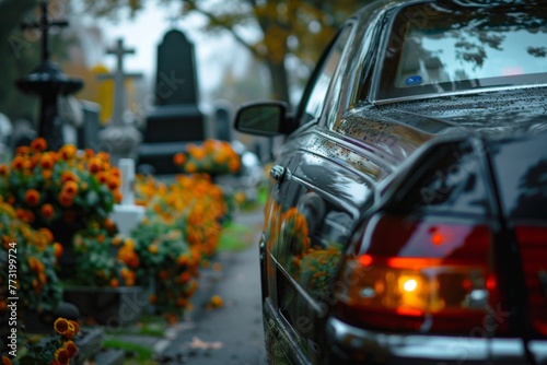 Car parked in cemetery next to flowers with automotive lights on. Generative AI photo