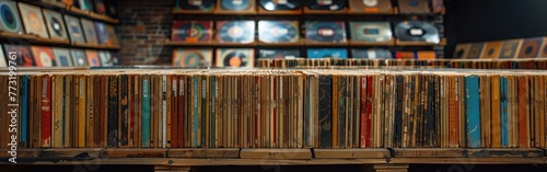 Numerous records neatly displayed in a record store photo