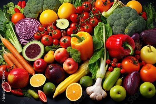 Variety of raw organic vegetables and fruits Balanced diet Assortment of fresh organic fruits and vegetables