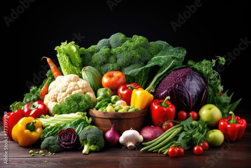 Variety of raw organic vegetables and fruits Balanced diet Assortment of fresh organic fruits and vegetables