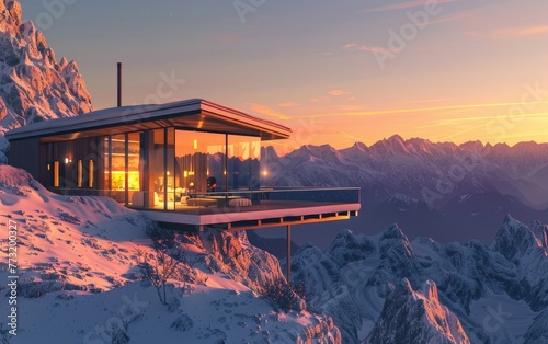 Sunrise Elegance, Revamped Mountain Retreat Design,Modern Mountain Retreat Design,Sunrise Serenity Generative Ai