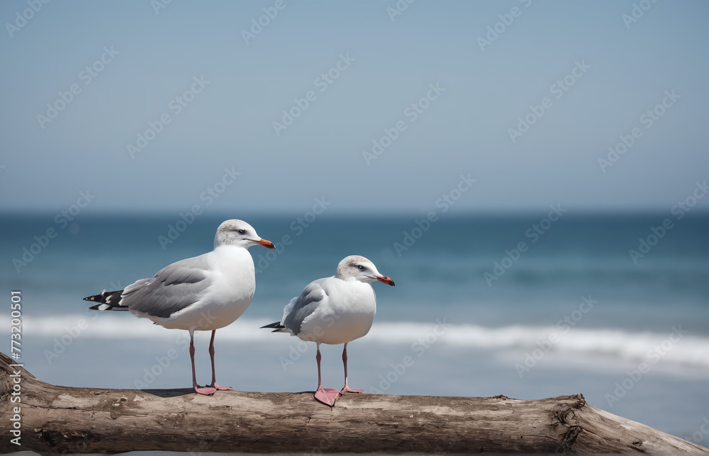 A seagull perching on a branch, looking at the tranquil sea A seagull perching on a branch, looking at the tranquil sea