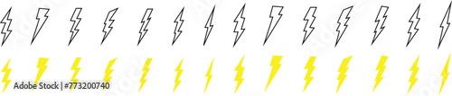 Lightning icons. Lightning icon set. Flashlights collection. Thunder bolt vector icon. Thunderbolt symbol. Electricity symbols. EPS 10