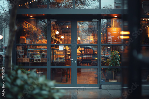 Twilight ambiance at a chic cafe entrance, highlighting its stylish layout and vibrant city life backdrop