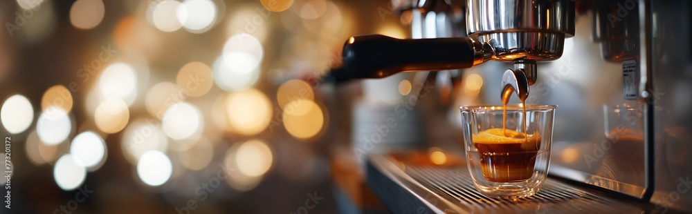 Golden espresso extraction process with blurred cafe ambiance in the background