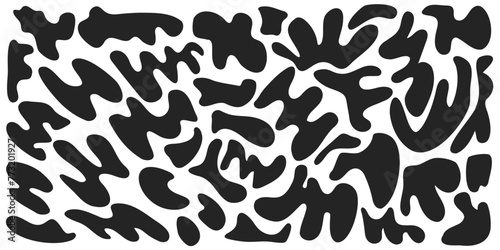 Set of organic irregular blob shapes. Black random deform spot fluid circle Isolated on white background. Organic amoeba Doodle drops Retro vector elements. Abstract rounded forms Vector illustration