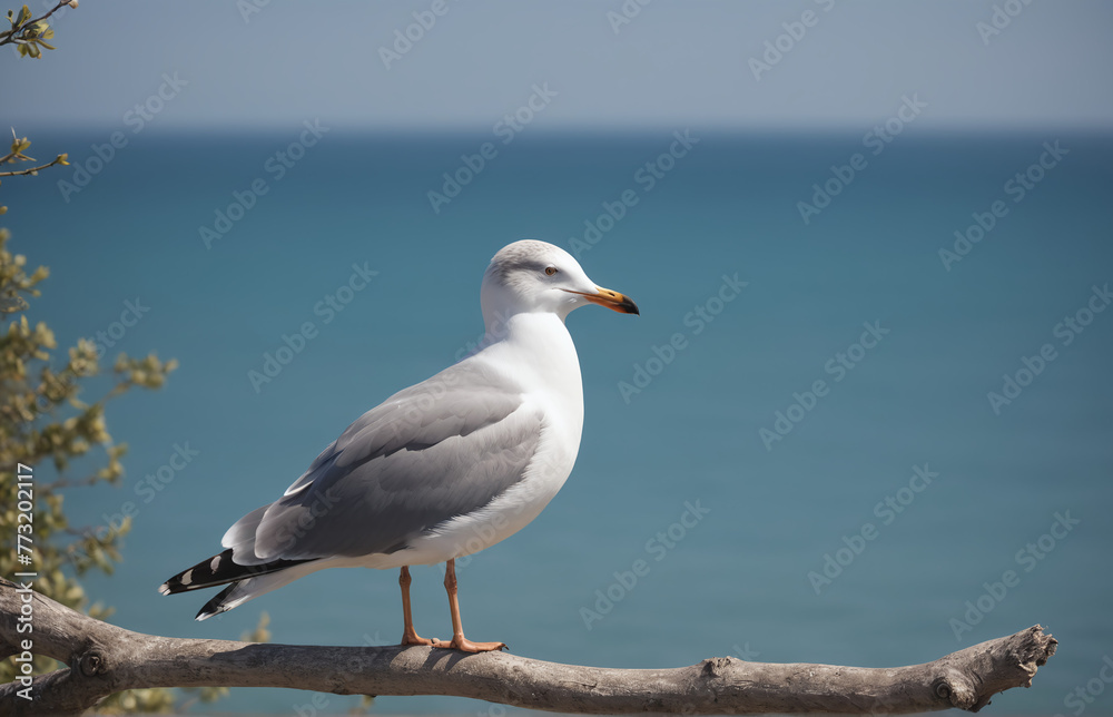 A seagull perching on a branch, looking at the tranquil sea