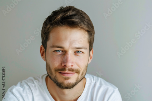 Closeup portrait of a handsome beautiful model man with white t-shirte and flat lay white background