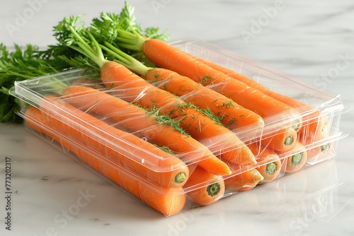 A cluster of vibrant orange carrots tightly wrapped in transparent plastic packaging, ready for retail or consumption