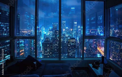 Nighttime Vista of Urban Splendor Through High-rise Window,A Skyward Perspective from High Altitude Generative Ai © Usama