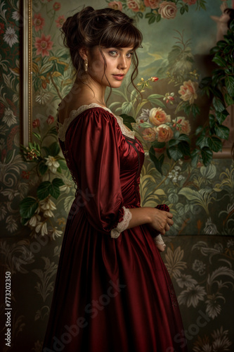 Mujer joven con un vestido rojo en el siglo XIX © Yolanda
