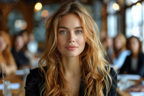 A confident businesswoman stands at the head of a conference table, delivering an inspiring presentation to her attentive team, motivating them to reach their goals