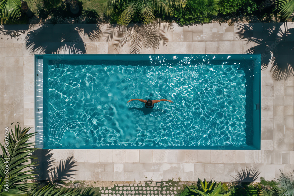 Woman enjoying alone in luxury swimming pool drone view from above