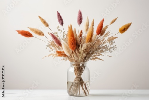 Bouquet of dried grass in glass vase on white table. photo