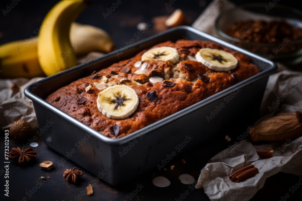 Exquisite banana bread in a bento box against a granite background