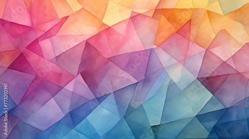 A watercolor illustration of a minimalist overlapping triangles with a watercolor texture in a vibrant gradient from pink to blue.