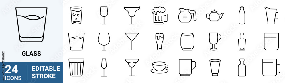 Glass web line icon set. Drink glassware type - beer mug, whiskey shot, wineglass, teapot minimal vector illustration. Editable Stroke. - obrazy, fototapety, plakaty 