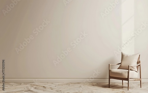 Beige wall mockup in a modern interior with an armchair and wooden floor against a white background, hd