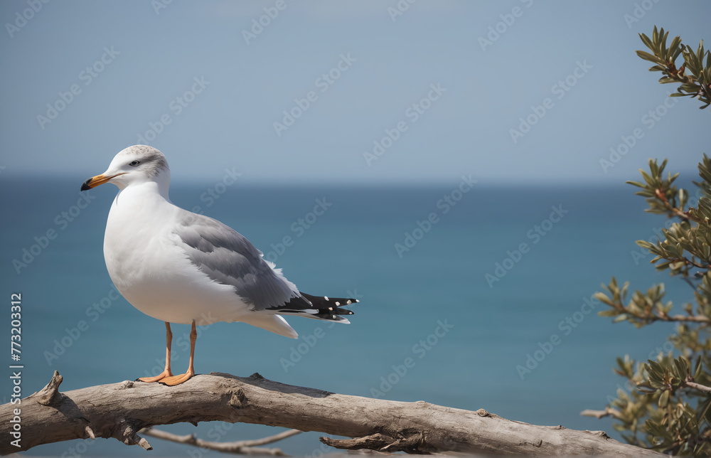 A seagull perching on a branch, looking at the tranquil sea A seagull perching on a branch, looking at the tranquil sea