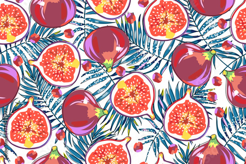 Seamless pattern with figs and tropical leaves on a white background. Bright colorful fruits and palm leaves. Whole fig and  half. Hand drawn. Cartoon design. Vector illustration.