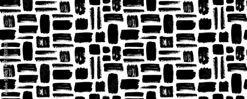Grunge rectangles vector seamless pattern. Hand drawn brush strokes ornament. Ink illusatrtion, geometric abstract texture. Brush stroke, lines, stripes, rectangles backround. Black paint grid pattern