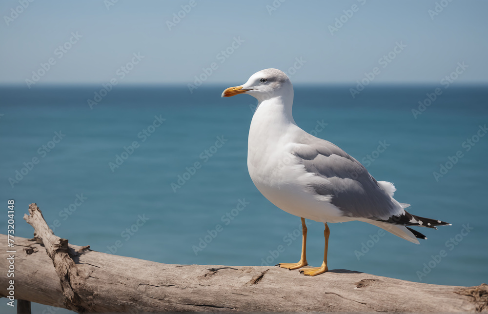 A seagull perching on a branch, looking at the tranquil sea A seagull perching on a branch, looking at the tranquil sea