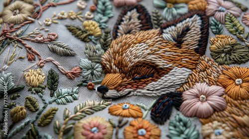 Art de broderie complexe : un chef-d'œuvre délicat d'un bébé renard orné de motifs floraux, habilement confectionné avec des fils colorés, des perles et des nœuds français.