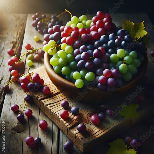 grapes in a bowl on a wooden table