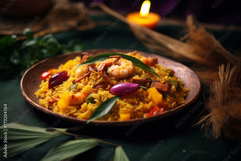 Delicious paella on a palm leaf plate against a jute fabric background