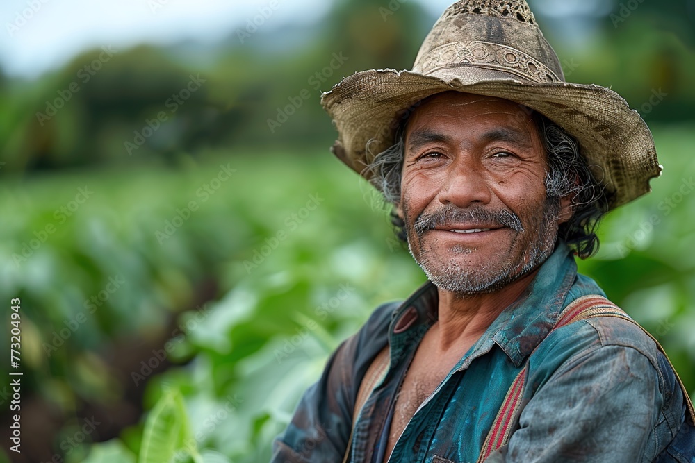 Mexican smiling male farmer working in the fields, portrait, nice weather