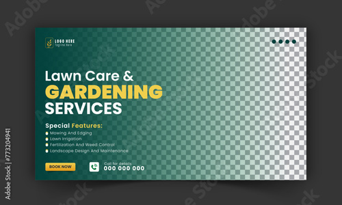 Organic food and agriculture service YouTube video thumbnail design, modern lawn mower garden, or landscaping service social media cover or post template with abstract green and yellow color shapes