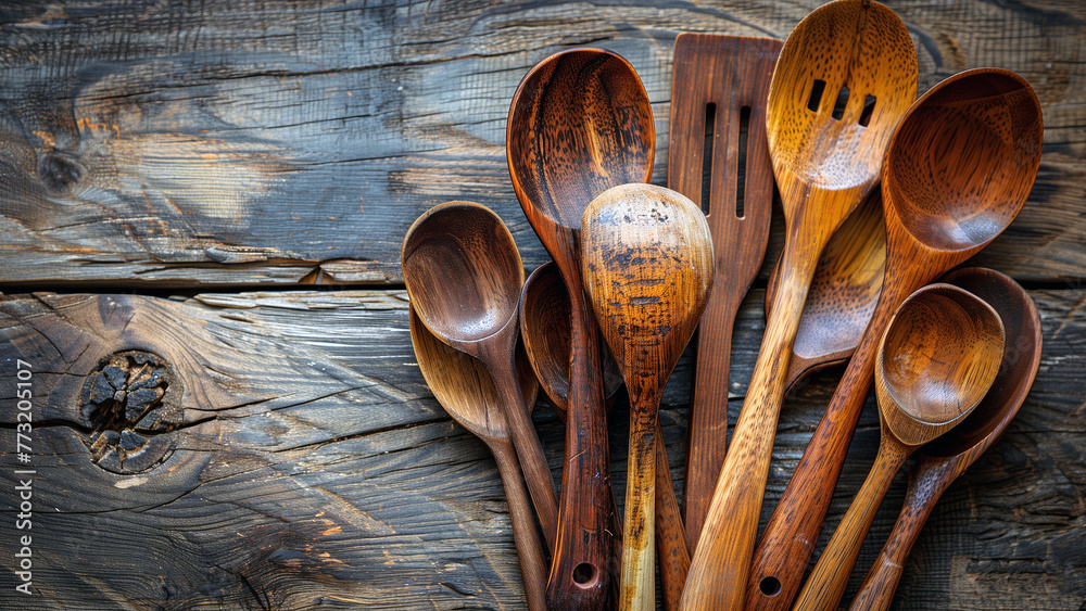 A stacked group wooden cutlery A stacked group wooden cutlery