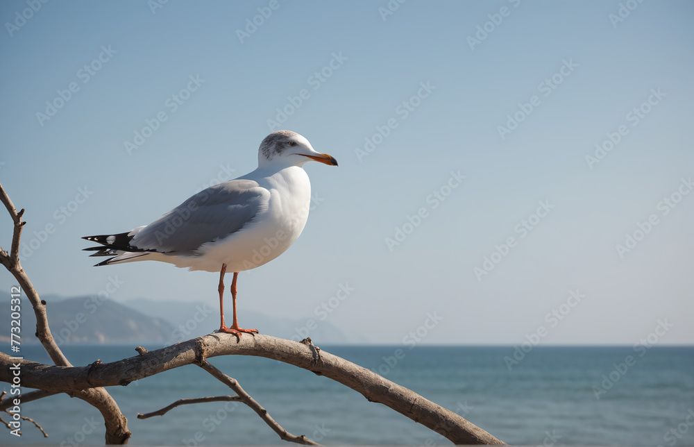 A seagull perching on a branch, looking at the tranquil sea A seagull perching on a branch, looking at the tranquil sea