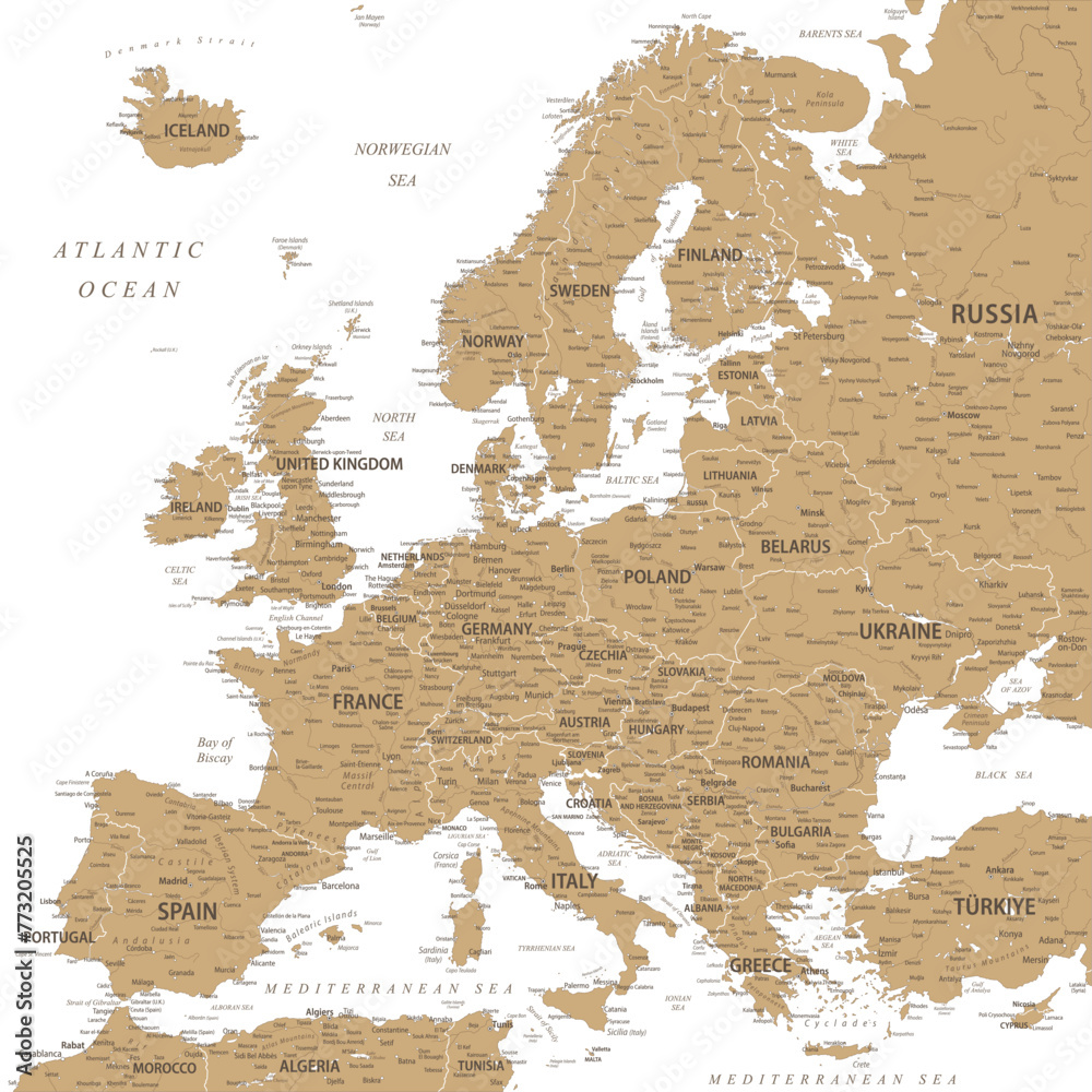 Naklejka premium Europe - Highly Detailed Vector Map of the Europe. Ideally for the Print Posters. Golden Colors