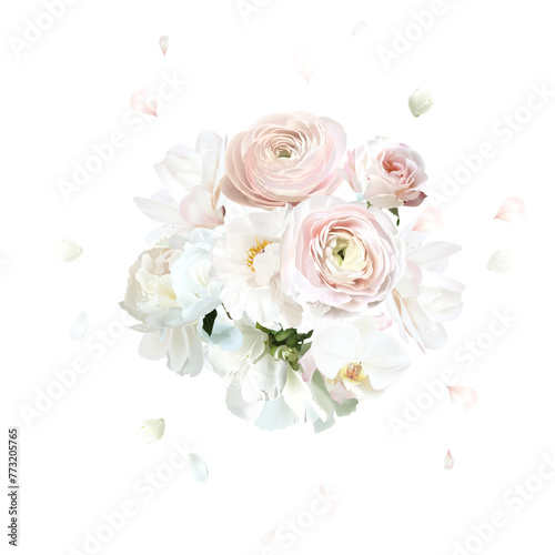 Dusty pink rose, blush ranunculus, white magnolia, peony vector design mono flowers bouquet. Flying petals. Wedding floral. Summer blooms watercolor composition. All elements are isolated and editable