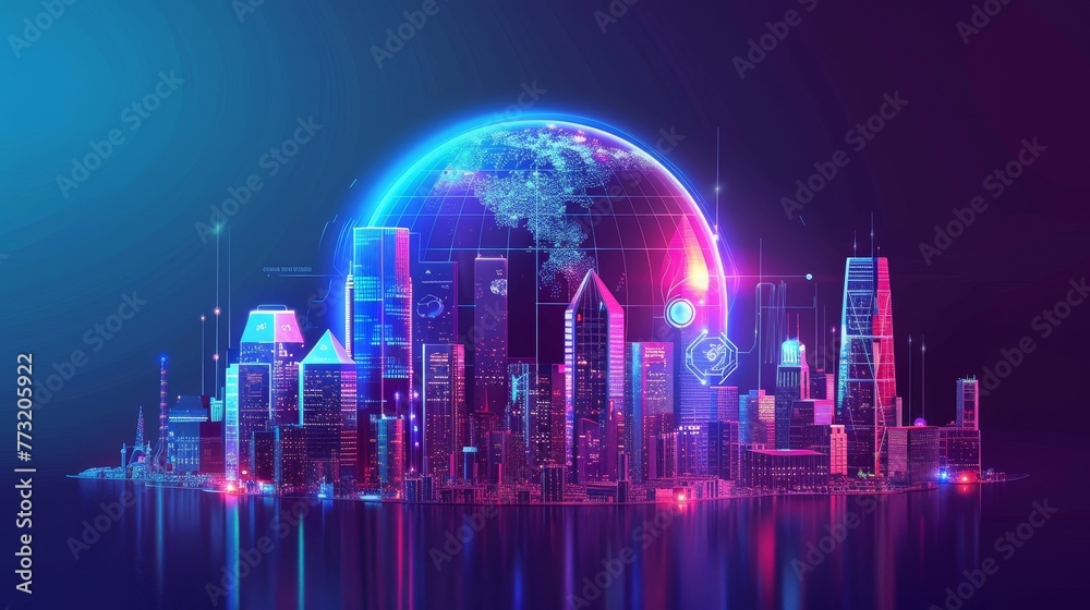 Global mobile internet on phone, connected to smart city infrastructure, traffic, safety, and AI control city infrastructure. World communication concept.