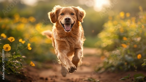 adorable running for exercise golden retriever dog in nature park.