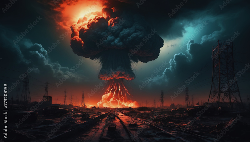 images of nuclear war, a massive nuclear explosion, blue orange, the end of civilization, people destroying themselves, the end of the world