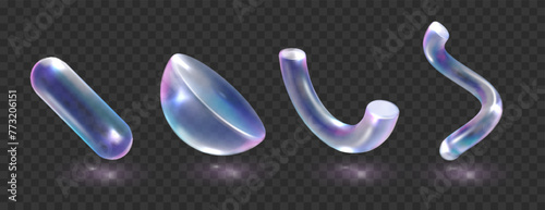 Glass Holographic shapes Collection. Set glass holographic geometric shapes. Crystal glass realistic design element