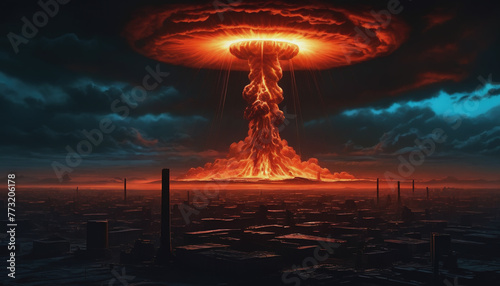 images of nuclear war, a massive nuclear explosion, blue orange, the end of civilization, people destroying themselves, the end of the world photo
