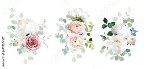 Classic pink rose, white peony, blush pink ranunculus, eucalyptus, green hydrangea, sage greenery vector design wedding spring bouquets. Floral summer watercolor. Elements are isolated and editable