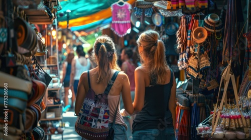 Two travelers exploring a vibrant street market filled with local crafts.
