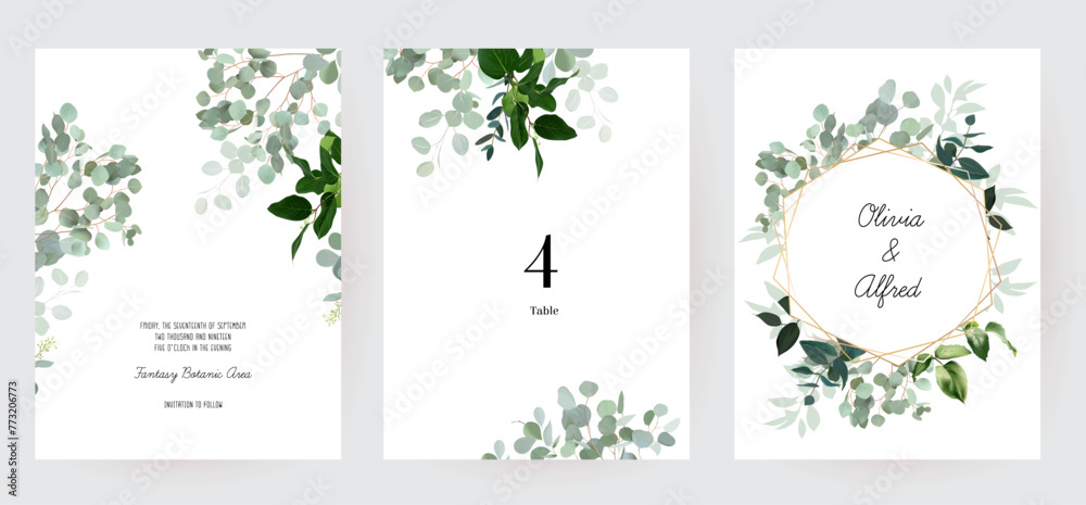 Herbal eucalyptus selection vector frames. Hand painted branches, leaves on white background. Greenery wedding simple minimalist invitations. Watercolor style cards. Elements are isolated and editable