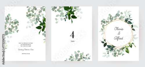 Herbal eucalyptus selection vector frames. Hand painted branches  leaves on white background. Greenery wedding simple minimalist invitations. Watercolor style cards. Elements are isolated and editable