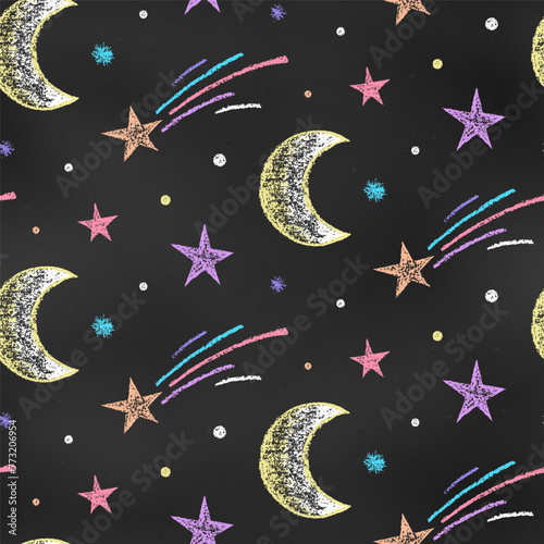 Seamless Grunge Pattern of Chalk Drawn Sketches Moons and Stars on Chalkboard Backdrop. Doodle Print.